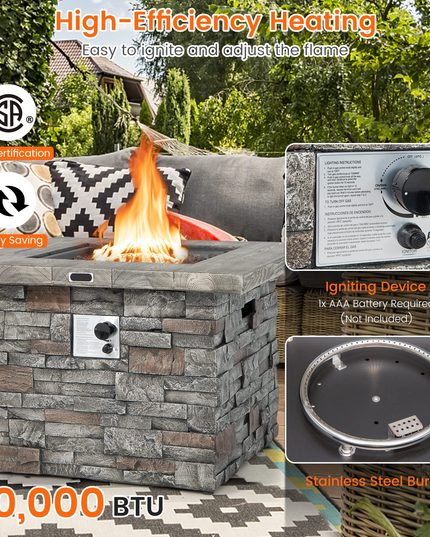 34.5" Propane Gas Fire Pit Table - Patio 2-in-1 Outdoor Square Fire Table W/ Volcanic Rock & PVC Cover
