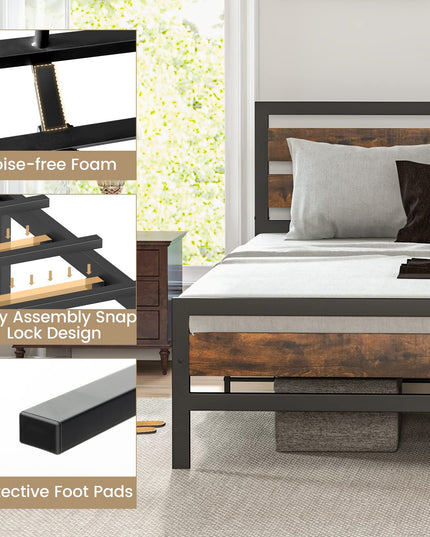 Giantex Queen Metal Platform Bed Frame with Wooden Headboard & Footboard, Rustic Brown
