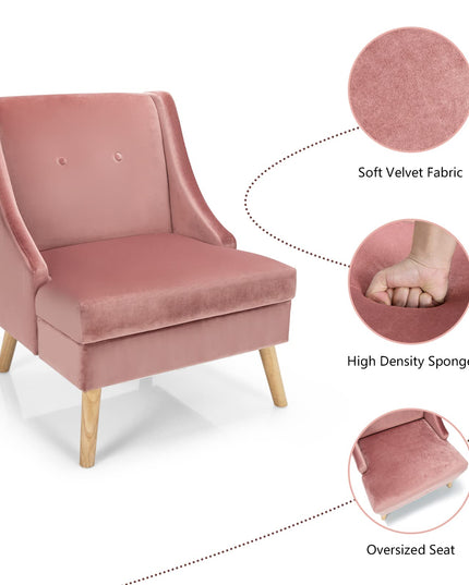 Giantex Pink Accent Chair, Comfy Velvet Swoop Chair w/Rubber Wood Legs, Padded Seat