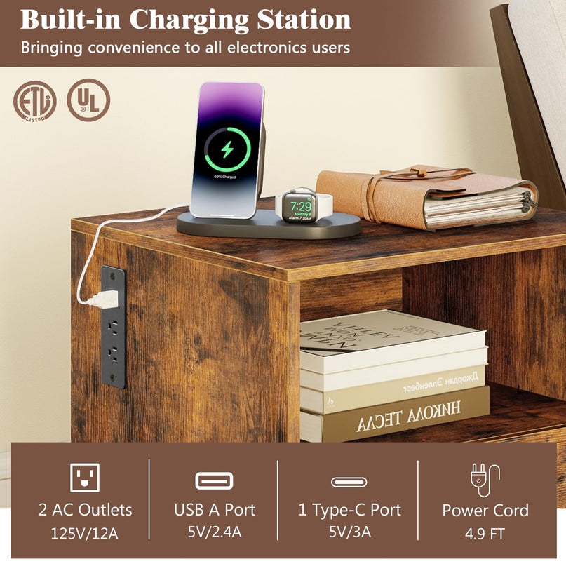 Giantex Industrial End Table with Charging Station & Storage Drawer