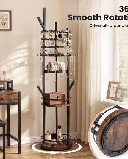 CHARMAID Range-bijoux rotatif sur pied à 360° | Arbre à bijoux de 148,6 cm avec présentoirs à boucles d'oreilles à 3 niveaux