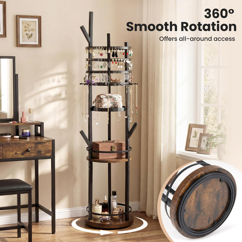 CHARMAID 360° Rotating Floor Standing Jewelry Organizer | 58.5" Jewelry Tree with 3-Tier Earring Holders