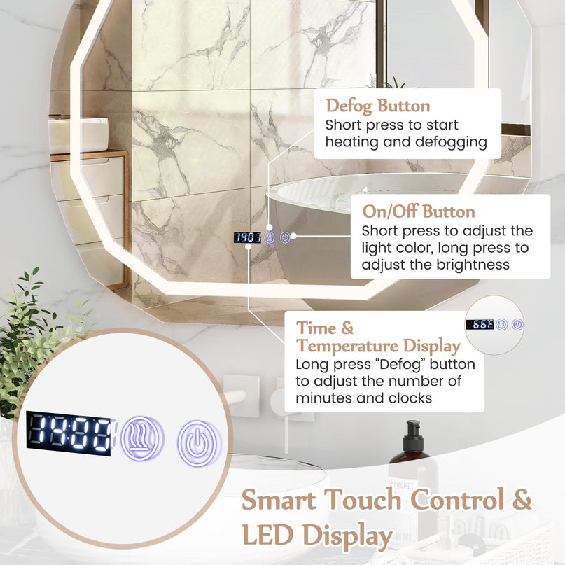 LED Bathroom Mirror, Lighted Beveled Edge Vanity Mirror Wall Mounted
