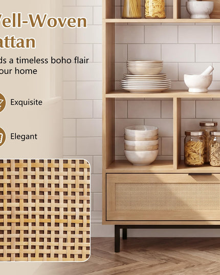 GIANTEX 64" Tall Bookshelf with Rattan Drawer
