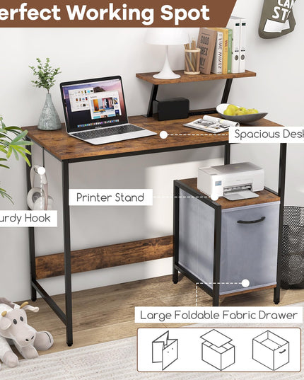 Giantex Computer Desk with Drawer and Power Outlet, Home Office Desk with Reversible Storage Drawer