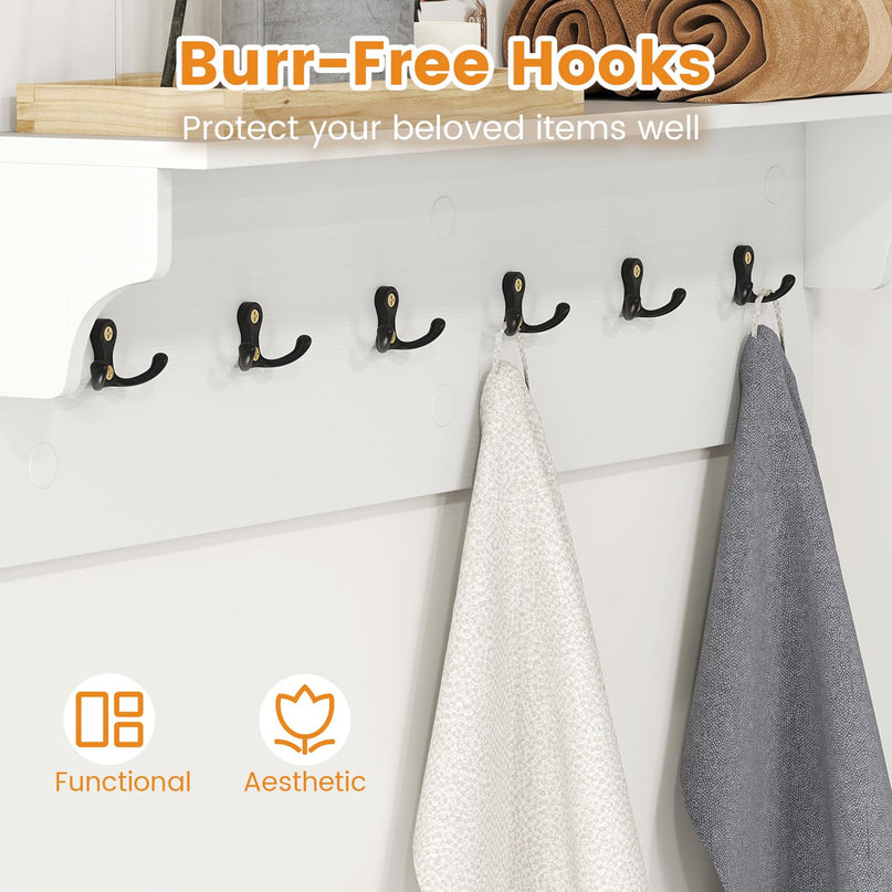 Giantex Wall Hooks with Shelf 31.5inch Wooden Coat Rack with 6 Hooks for Hats Towels Purses Robes