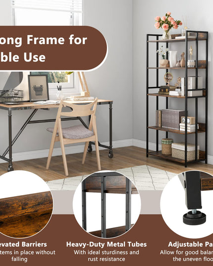 Giantex 5-Tier Industrial Bookshelf Rustic Brown - Metal Frame 61" Tall
