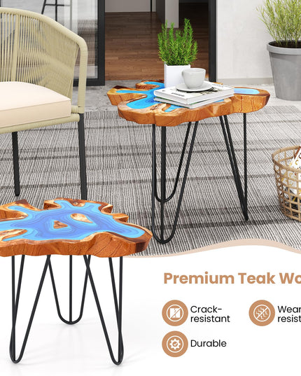 Giantex 21” Teak Wood Outdoor Side Table - Epoxy Resin End Table with Irregular Tabletop