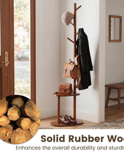 Giantex Coat Rack Freestanding | 70" Solid Wood Clothing Rack with 8 Hooks and 2 Storage Shelves
