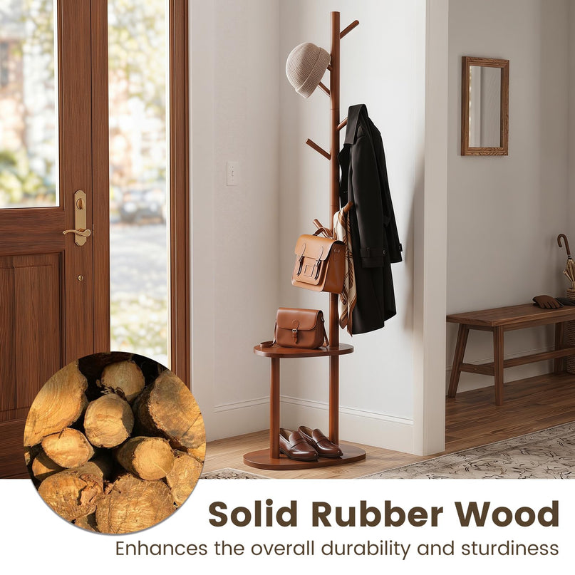 Giantex Coat Rack Freestanding | 70" Solid Wood Clothing Rack with 8 Hooks and 2 Storage Shelves