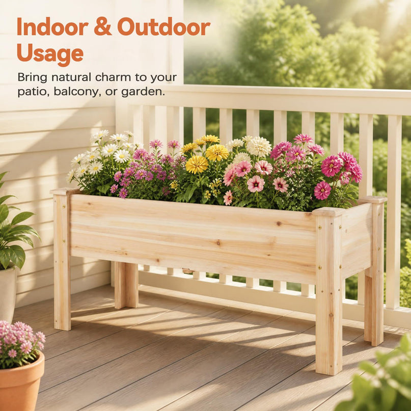 Jardinière en bois sur pieds, 120,65 cm L x 43,18 cm l x 50,8 cm H