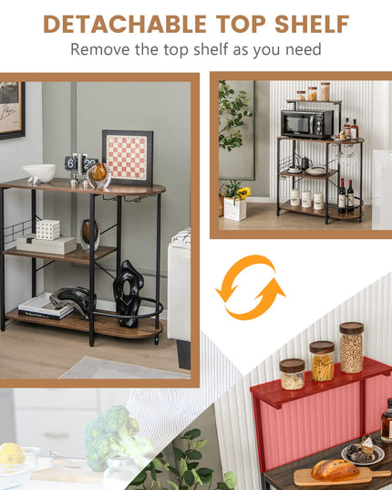 Giantex Kitchen Bakers Rack, 4-Tier Microwave Stand with 6 Hooks & Stemware Racks (Rustic Brown)