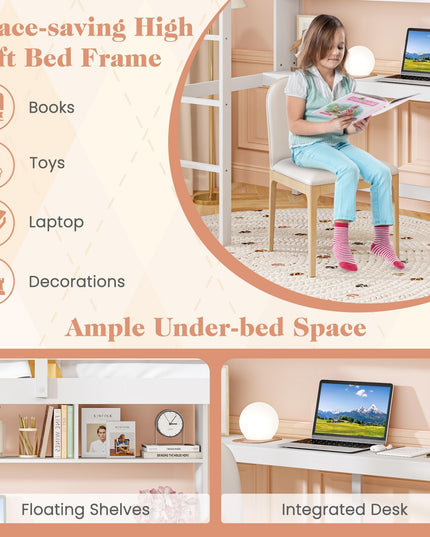 Giantex Solid Wood Twin Loft Bed with Desk and Bookcase