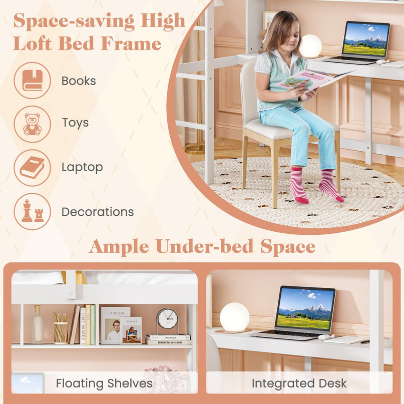 Giantex Solid Wood Twin Loft Bed with Desk and Bookcase
