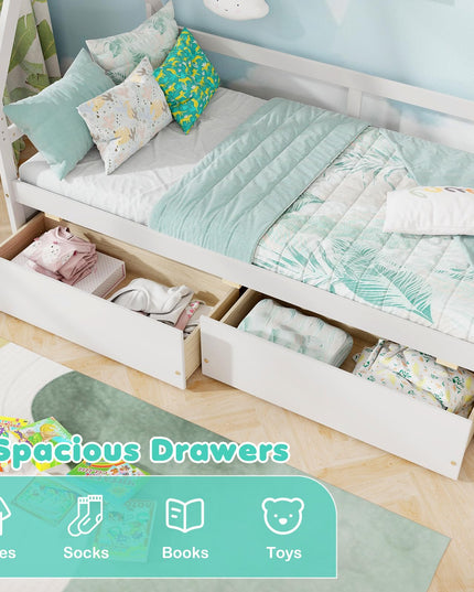 Giantex Twin Bed with 2 Storage Drawers, Wood Montessori House Tent Bed Frame with Safety Guardrail