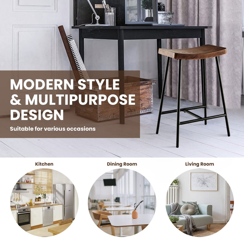 Industrial Saddle Stool with Footrest, Metal Legs, Adjustable Foot Pads, Backless Counter Height Chair for Living Room Kitchen Bar
