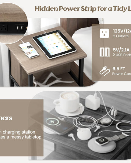 Giantex Nightstand with Charging Station, 3-Tier End Table with USB Ports & Power Outlets