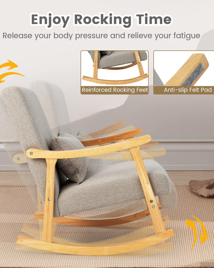 Giantex Upholstered Rocking Chair - Modern Rocker with Rubber Wood Frame, Comfy Backrest & Seat