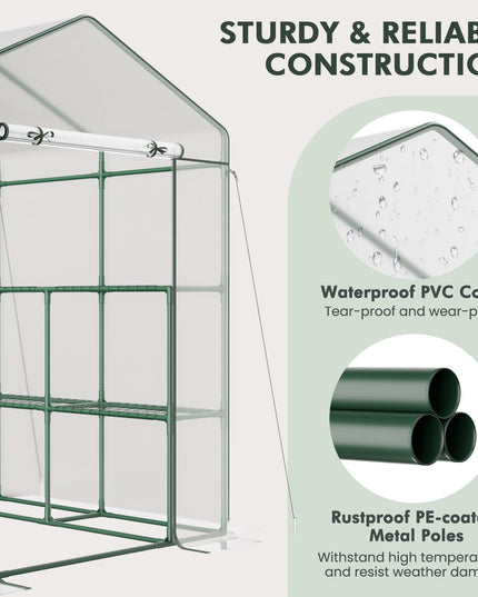Giantex Walk-in Greenhouse w/ 3 Tiers 4 Shelves, 4 Ground Stakes & Ropes, PVC Cover
