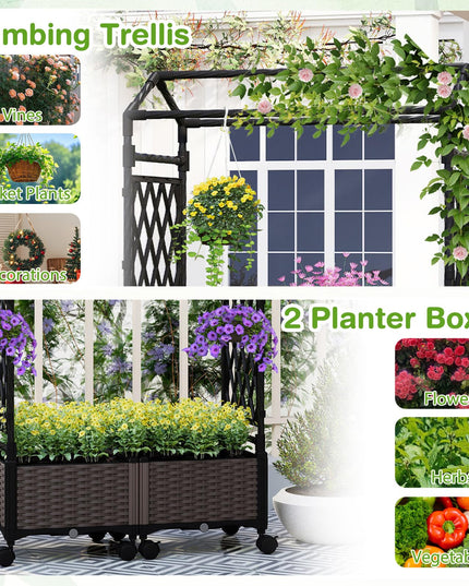 Giantex Raised Garden Bed with Trellis | Tall Self-Watering Planter Box on Lockable Wheels w/Roof