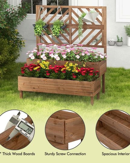 Giantex Raised Garden Bed with Trellis, 2-Tier Wooden Planter Box with Legs and Drain Holes (Brown)