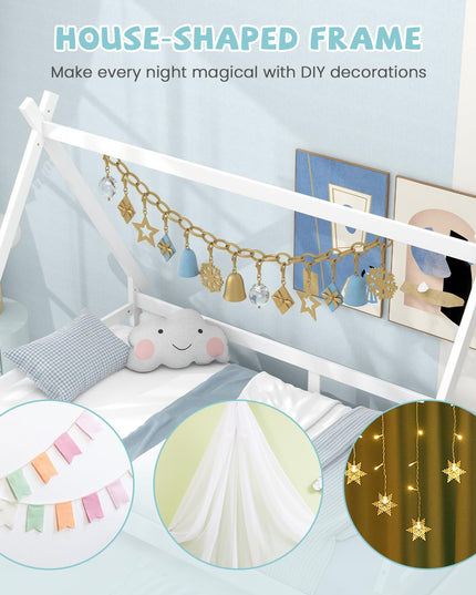 Giantex Twin House Bed with Trundle, Wood Montessori Tent Bed Frame with Safety Guardrail