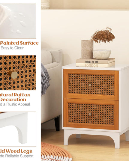 Giantex Rattan Nightstand with Drawers, Natural Rattan End Table, Cane Accent Bedside Table with Solid Wood Legs for Bedroom