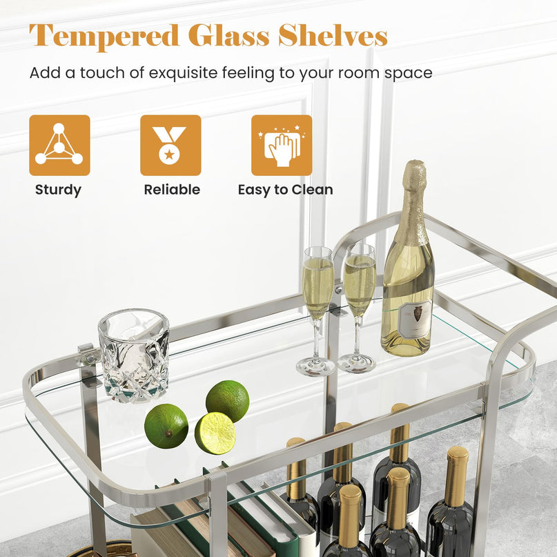Giantex 2-Tier Bar Cart, Stylish Rolling Serving Cart w/Tempered Glass Shelves
