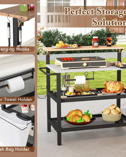 Giantex Outdoor Grill Cart - Pizza Oven Stand with Flip up Bar Table, 4-Shelf Food Prep Cooking Station with Hooks
