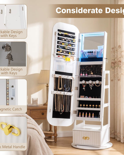 CHARMAID 360° Swivel Lockable Jewelry Armoire with Fluted Drawer