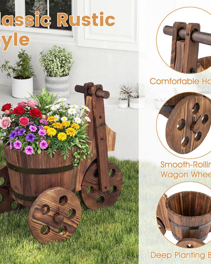 Support pour plantes en bois rustique Giantex avec 3 roues et trou de drainage pour fleurs, herbes et légumes