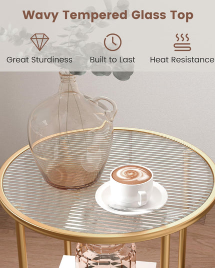 Giantex Glass End Table Set of 2, Round Side Table with Faux Marble Storage Shelf and Glass Top, Gold
