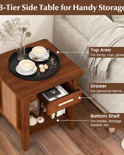 Giantex Rattan Nightstand with Drawer, Mid Century End Table with Storage Shelf, Sofa Side Table with Solid Rubber Wood Legs