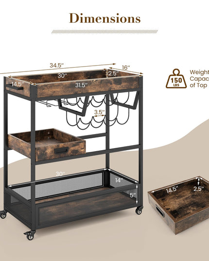 Giantex Rolling Bar Cart, 3-Tier Industrial Buffet Serving Cart with Wine Rack, Stemware Rack & Removable Tray