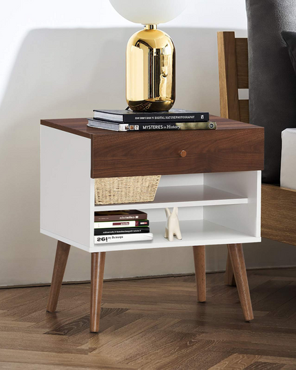 Nightstand with Drawer and Storage Shelves & Rubber Wood Legs, Brown&White