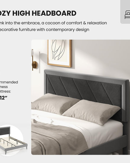 Giantex Full Size Velvet Bed Frame with Headboard, Modern Upholstered Platform Bed, No Box Spring Needed, Black & Gray