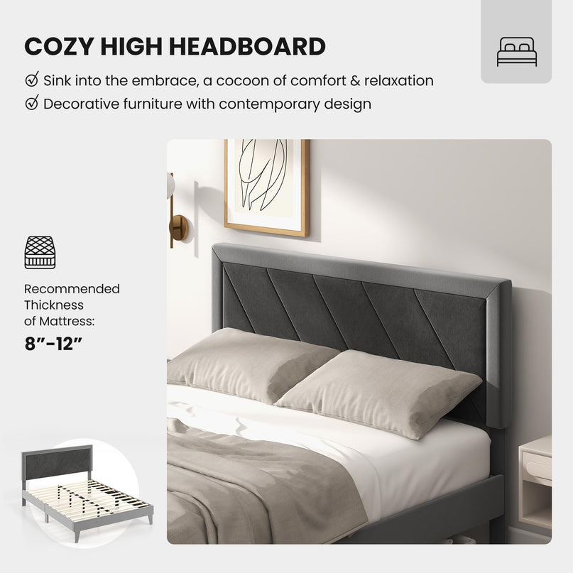 Giantex Full Size Velvet Bed Frame with Headboard, Modern Upholstered Platform Bed, No Box Spring Needed, Black & Gray