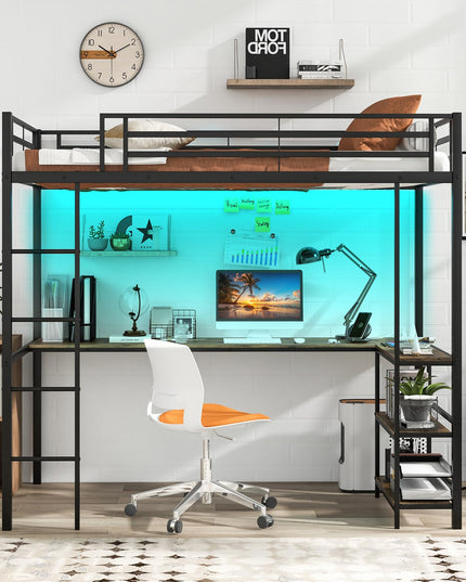 Giantex Twin Loft Bed with L-Shaped Desk, Metal Loft Bed Frame with LED Lights