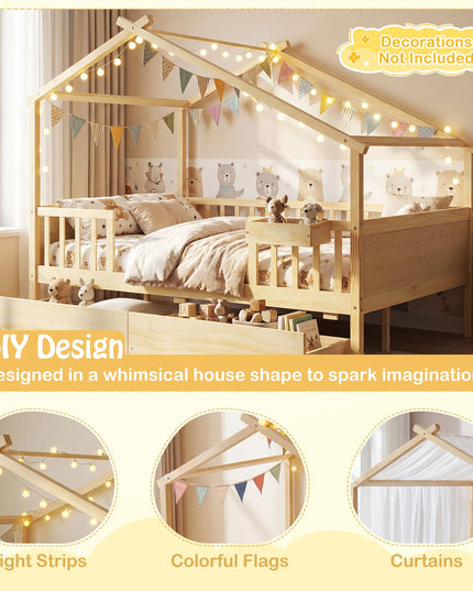 Lit de maison complet Giantex avec tiroirs pour enfants garçons filles