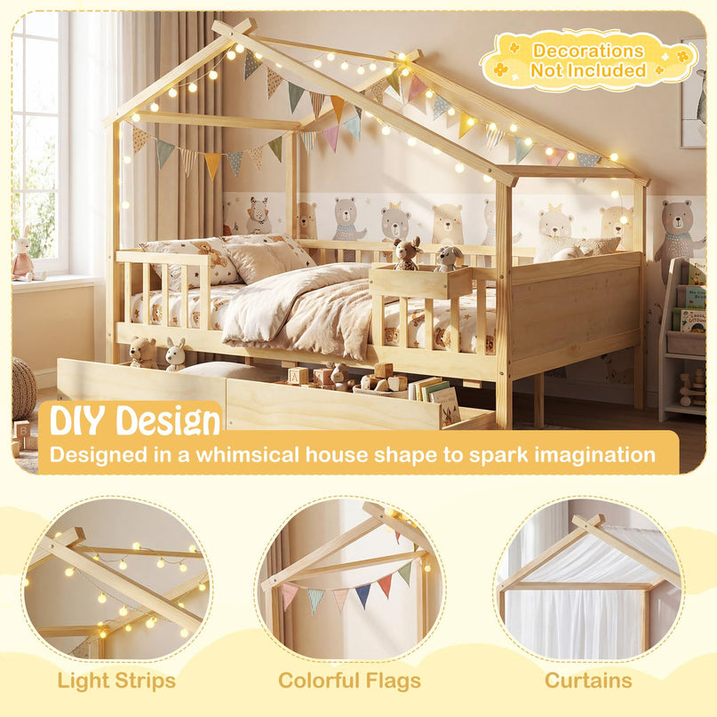Lit de maison complet Giantex avec tiroirs pour enfants garçons filles