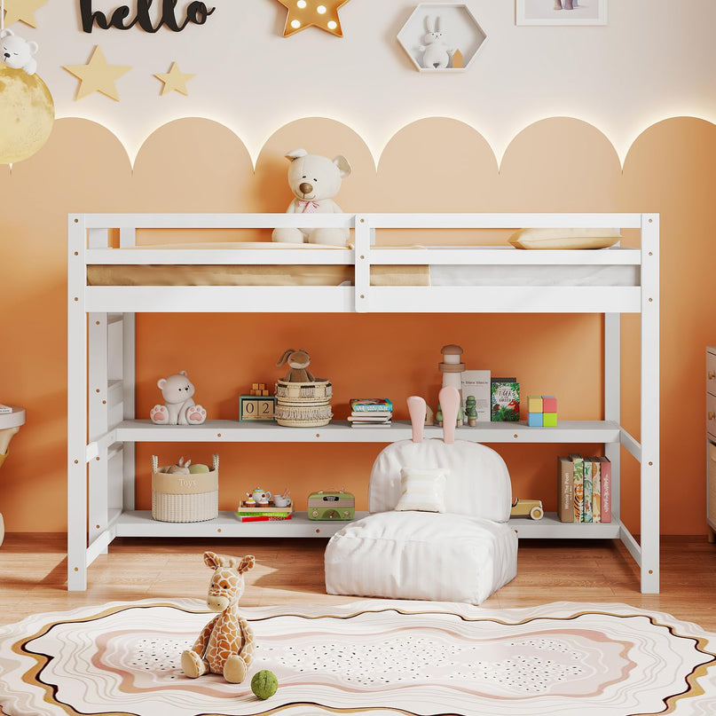 Giantex Twin Wooden Loft Bed with Full-Length Guardrails & Ladder