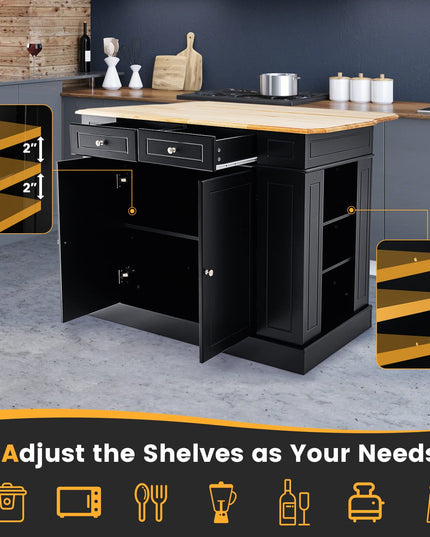 Giantex Kitchen Island with Drop Leaf, Rubber Wood Top, 2 Drawers, Storage Cabinets