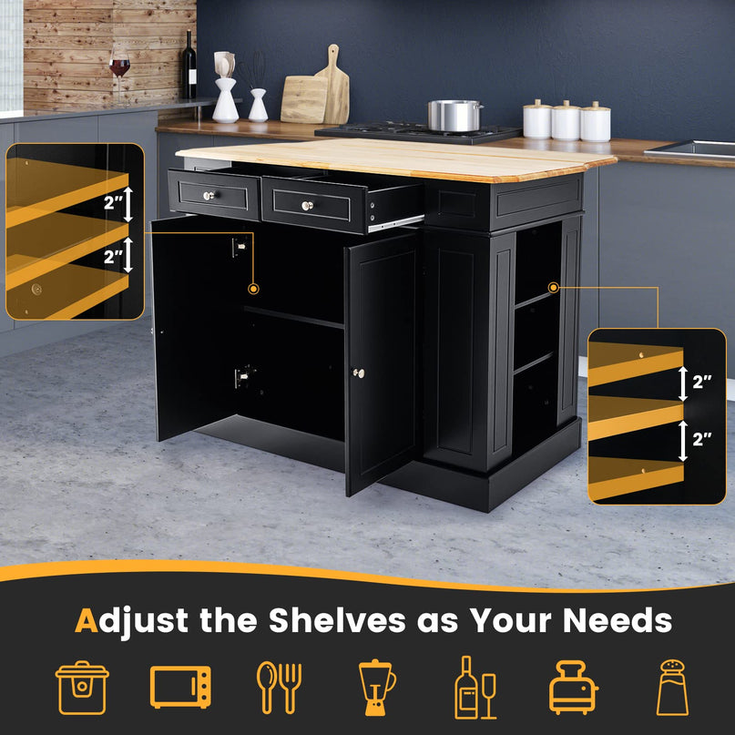 Giantex Kitchen Island with Drop Leaf, Rubber Wood Top, 2 Drawers, Storage Cabinets