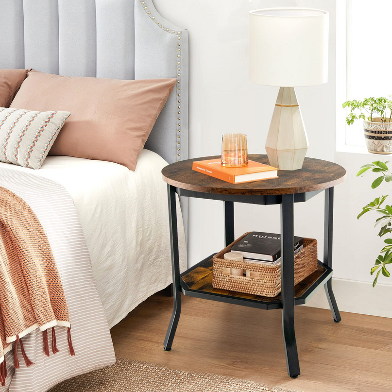 Giantex Round End Table, Industrial Nightstand w/Storage Shelf
