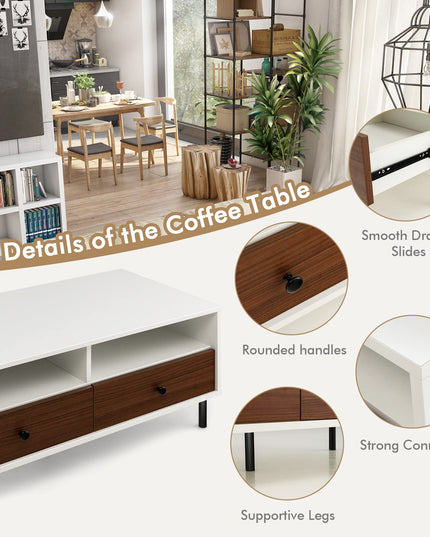 Giantex Rectangular Coffee Table with Storage, 2 Tier Wood Tea Table with 2 Drawers