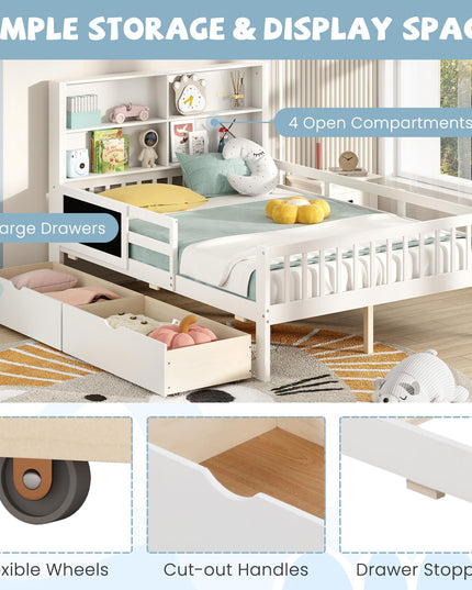 Giantex 2 Storage Drawers, Solid Wood Kids Bed Frame w/Bookcase Headboard & Blackboard