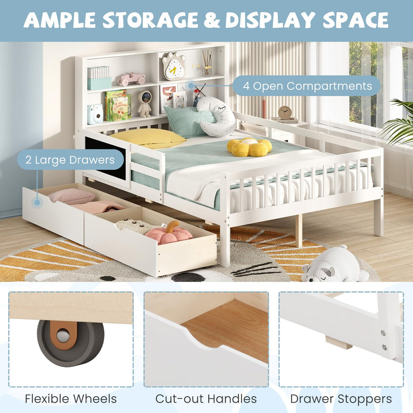 Giantex 2 Storage Drawers, Solid Wood Kids Bed Frame w/Bookcase Headboard & Blackboard