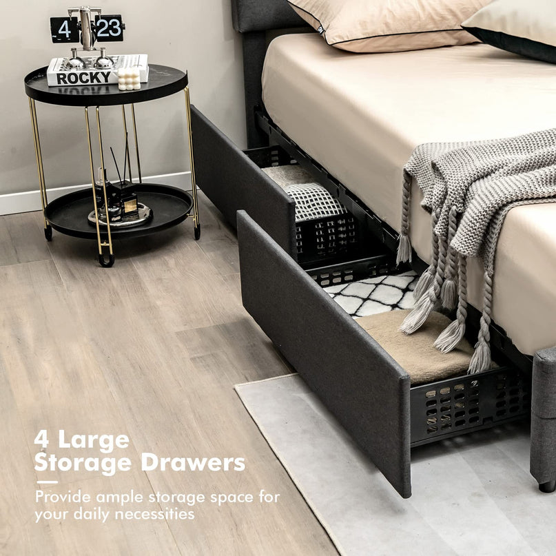 Giantex Queen Bed Frame with LED Lights and 4 Drawers, Upholstered Platform Bed Frame with USB Ports