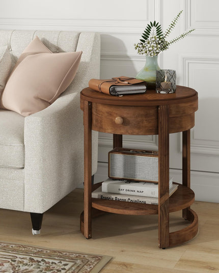 Giantex Round Side Tables Set of 1/2, 2-Tier Retro End Tables with Drawer & Shelf