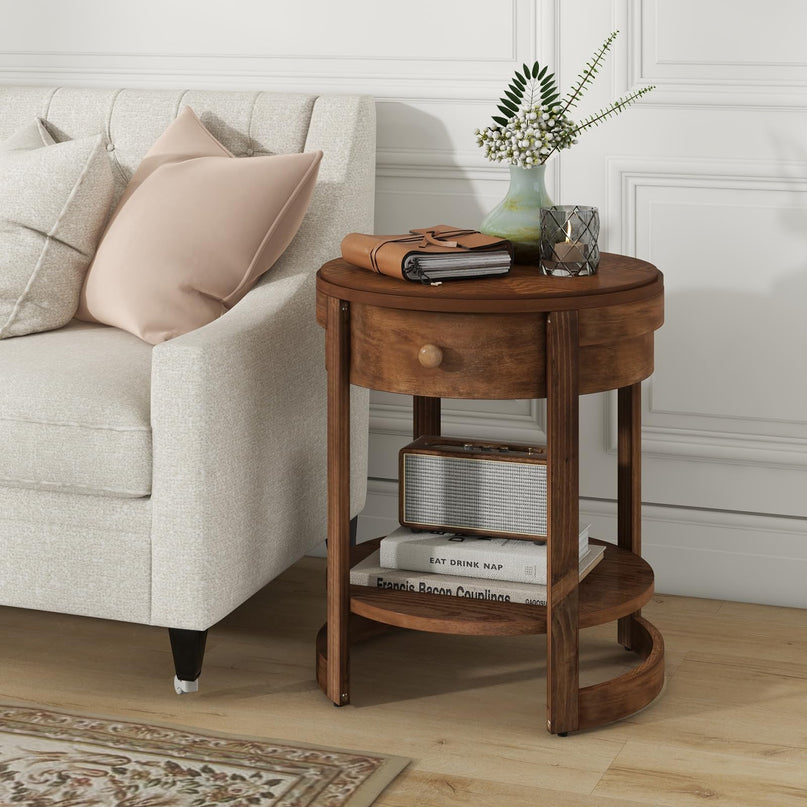 Giantex Round Side Tables Set of 1/2, 2-Tier Retro End Tables with Drawer & Shelf